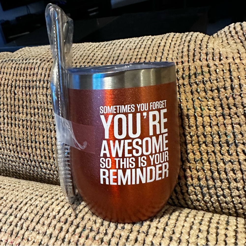 “Sometimes you forget you’re awesome” wine glass tumblr with straw and cleaner
